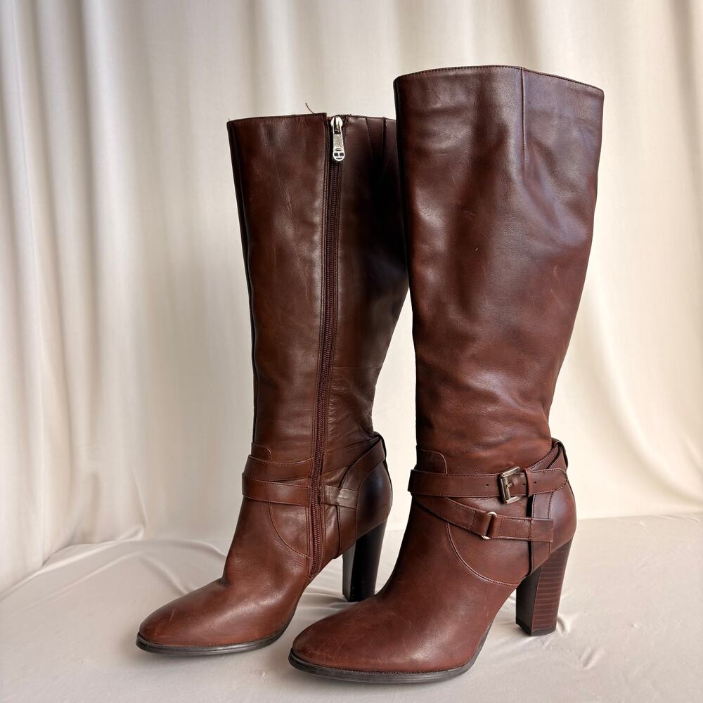 Tommy Hilfiger Brown Leather Heeled Boots - Buckle Straps, 2" Heel, 7.5